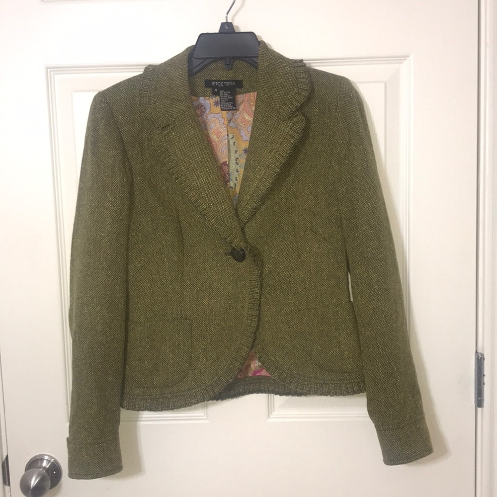 Etcetera green tweed ruffle trim jacket